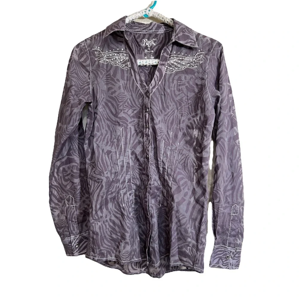 Wrangler Rock 47 Small Western Button-Up‎ Sheer Purple Print Silver embroidery,